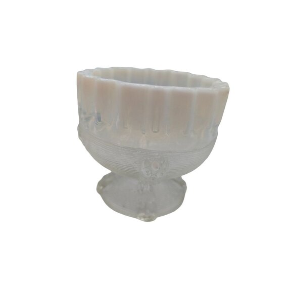 Antique Northwood Glass Opalescent Crimped Top Compote Spool Threaded Pattern - Picture 7 of 14